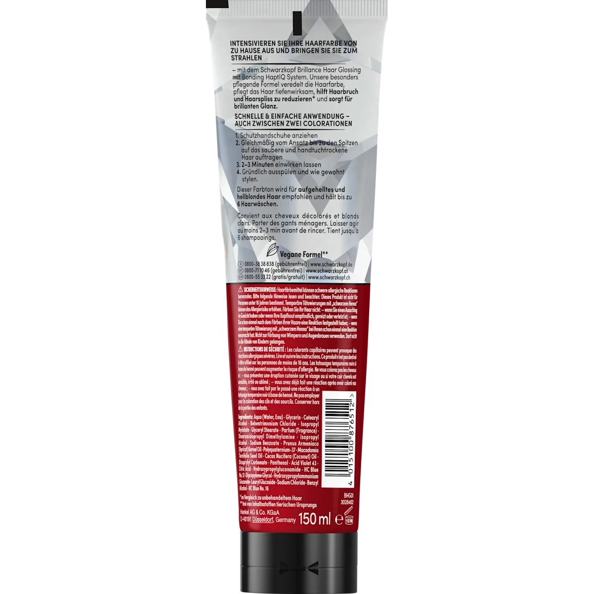 Schwarzkopf Brillance Cool Blonde Hair Glossing, 150 ml Back of Schwarzkopf Brillance Cool Blonde Hair Glossing 150 ml with directions