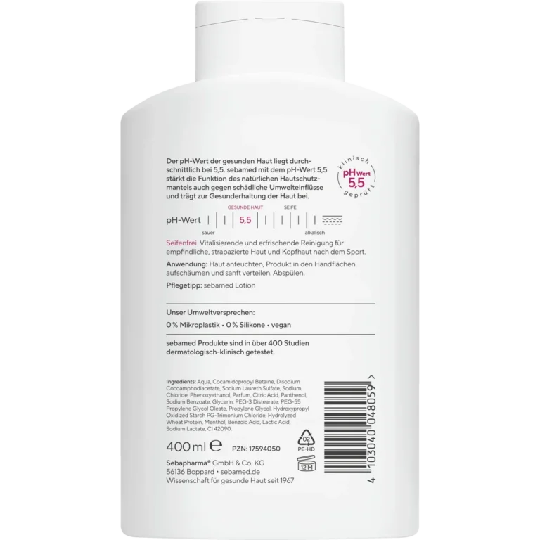 Sebamed Sport Shower 3-in-1 400 ml pH 5.5 soap-free cleanser for sensitive skin, face and hair - Backside