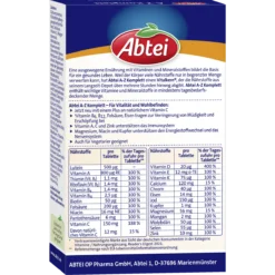 Abtei A-Z Complete Long-Release Multivitamins & Minerals, 40 Tablets Back of Abtei A-Z Complete multivitamin packaging with nutritional values, ingredients and directions