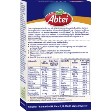 Abtei A-Z Complete Long-Release Multivitamins & Minerals, 40 Tablets Back of Abtei A-Z Complete multivitamin packaging with nutritional values, ingredients and directions