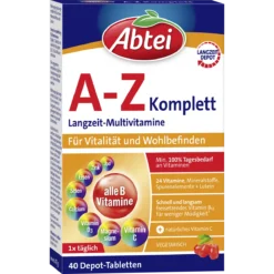 Abtei A-Z Complete Long-Release Multivitamins front package with 40 depot tablets and natural vitamin C
