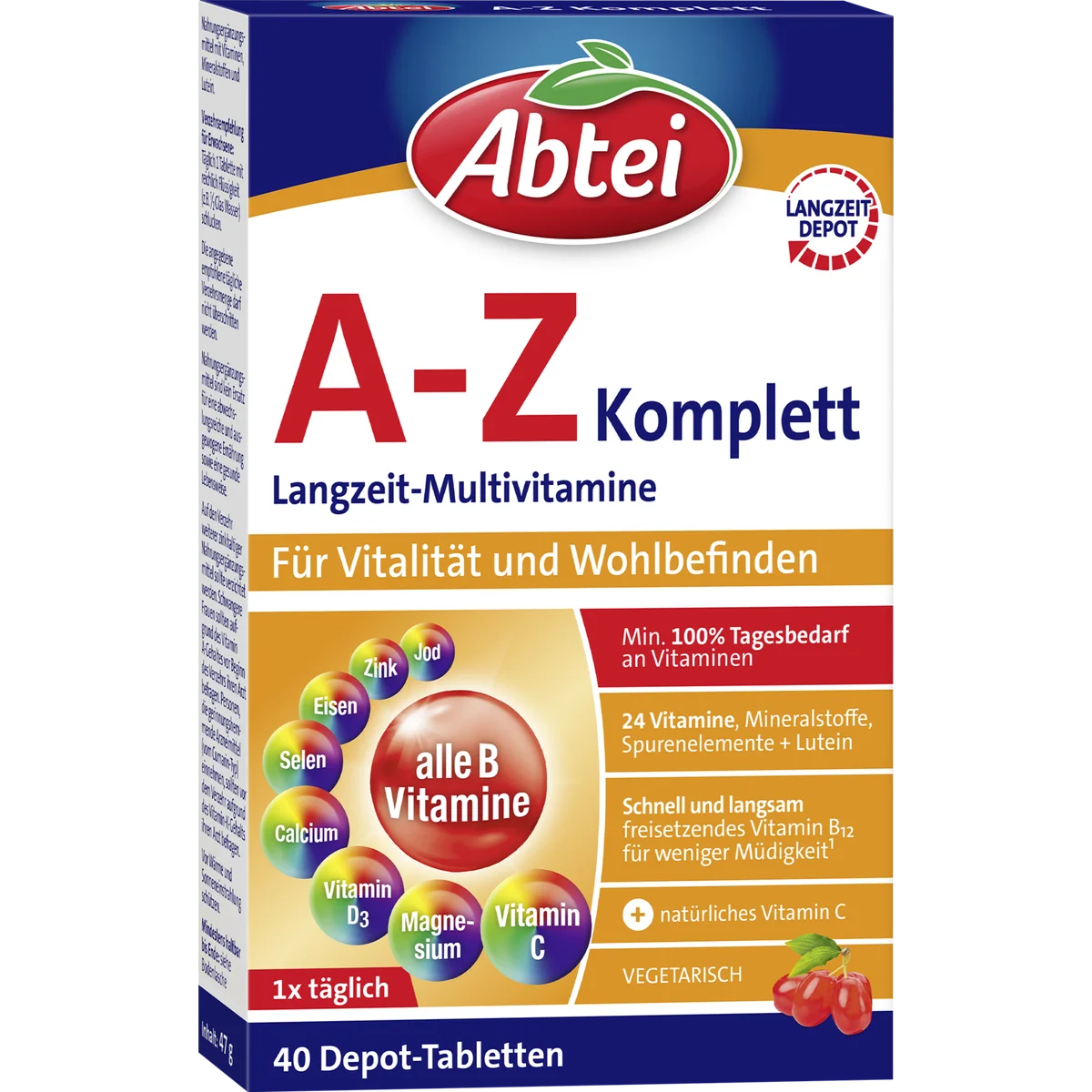 Abtei A-Z Complete Long-Release Multivitamins & Minerals, 40 Tablets Abtei A-Z Complete Long-Release Multivitamins front package with 40 depot tablets and natural vitamin C