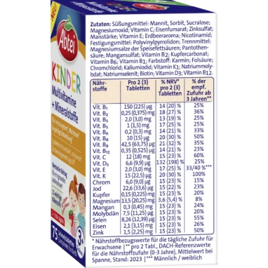 Abtei Kids Multivitamins & Minerals back packaging with nutrient information and age-specific directions