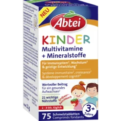 Abtei Kids Multivitamins & Minerals strawberry-flavored melt-in-mouth tablets, 75-count front package