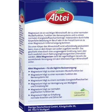 Back of Abtei Magnesium 240 mg 40-capsule package showing ingredients, nutritional information and dosage