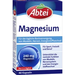 Abtei Magnesium 240 mg supplement, front of 40-capsule package for normal muscle and nerve function