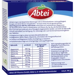 Back of Abtei Magnesium 400 Plus Vital Direct packaging with ingredients, nutrient amounts and dosage