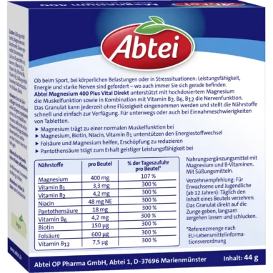 Back of Abtei Magnesium 400 Plus Vital Direct packaging with ingredients, nutrient amounts and dosage