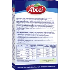 Back of Abtei Magnesium 400 + Potassium Active Plus package with ingredients and nutritional information