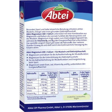 Back of Abtei Magnesium 400 + Potassium Active Plus package with ingredients and nutritional information