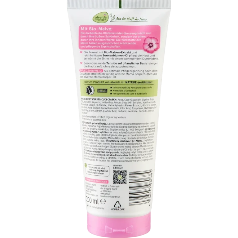 Back of alverde Mama Cream Oil Shower Gel showing ingredients and product information