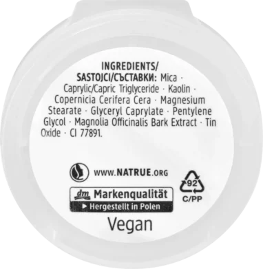 Back label of alverde Mono Matte Eyeshadow 01 All In One 1.5 g compact