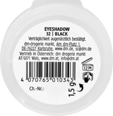Back label of alverde Mono Matte Eyeshadow 32 Black 1.5 g compact