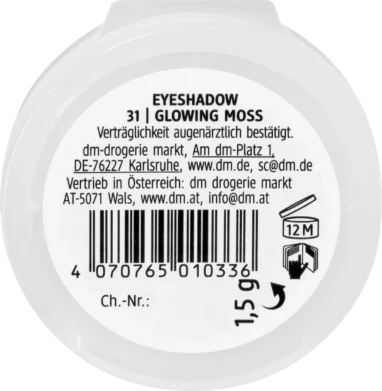 Alverde Mono Pearly Eyeshadow 31 Glowing Moss, 1.5 g Back label of alverde Mono Pearly Eyeshadow 31 Glowing Moss 1.5 g compact