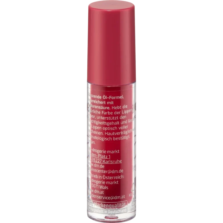 alverde Pomegranate Lip Oil with Hyaluronic Acid, 3.9 ml Back of alverde Pomegranate Lip Oil 3.9 ml packaging showing ingredients and product information