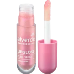 alverde Pure Shine Lip Gloss 20 Pink Crush, pink shimmering lip gloss with squalane, 5 ml