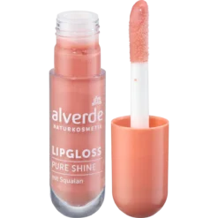 alverde Pure Shine Lip Gloss 30 Peach Glow, peach-nude lip gloss with glass-like shine, 5 ml