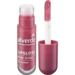 alverde Pure Shine Lip Gloss 40 Glossy Berry, shimmering berry-toned lip gloss with squalane, 5 ml