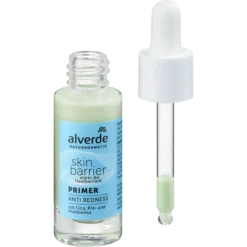 alverde Skin Barrier Anti-Redness Primer 15 ml front packaging, green color-correcting makeup base