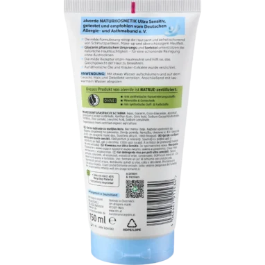 Alverde Ultra Sensitive Cleansing Gel, 150 ml Back of alverde Ultra Sensitive Cleansing Gel 150 ml tube with ingredients and directions