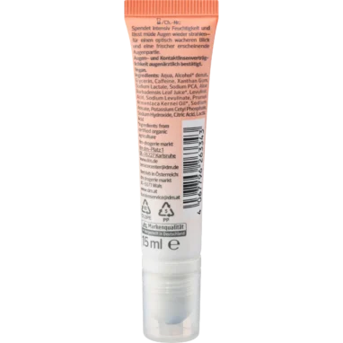 Back packaging of alverde Under Eye Caffeine Shot Serum showing ingredients and application instructions