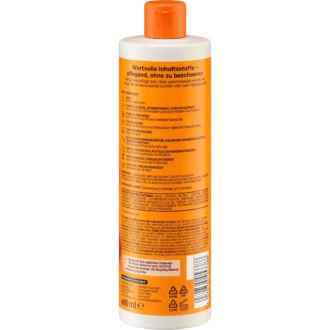 Back of Balea Beauty Essentials Curl Shampoo 400 ml with ingredients and directions for curly hair