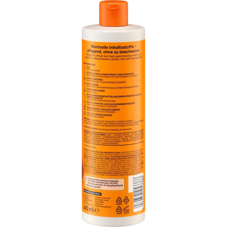 Balea Beauty Essentials Curl Shampoo, 400 ml Back of Balea Beauty Essentials Curl Shampoo 400 ml with ingredients and directions for curly hair