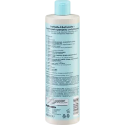 Back of Balea Beauty Essentials Moisturizing Shampoo 400 ml bottle with ingredients and usage instructions