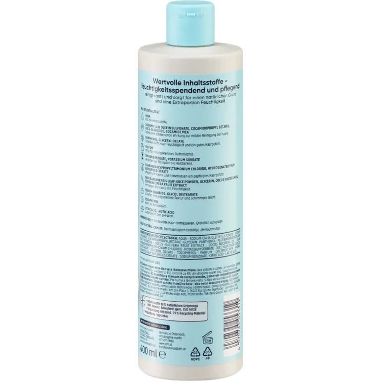 Back of Balea Beauty Essentials Moisturizing Shampoo 400 ml bottle with ingredients and usage instructions