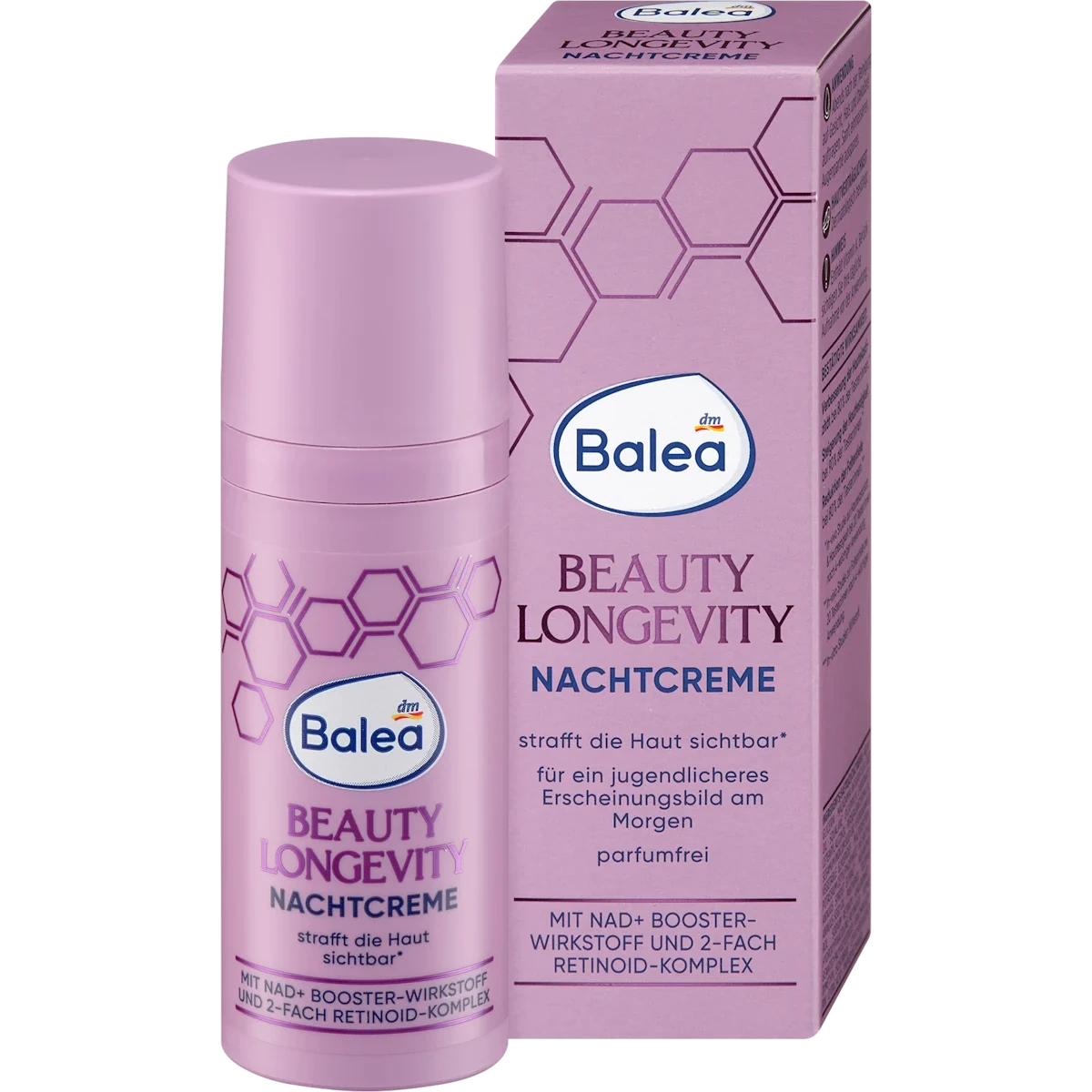 Balea Beauty Longevity Night Cream, 50 ml Front of Balea Beauty Longevity Night Cream 50 ml with dispenser and packaging