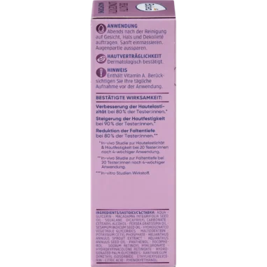 Balea Beauty Longevity Night Cream, 50 ml Side of Balea Beauty Longevity Night Cream packaging showing ingredients, directions and vitamin A warning