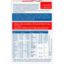 Doppelherz A-Z + Omega-3 Extra, 30 Capsules Back of Doppelherz A-Z + Omega-3 Extra packaging showing ingredients, nutrient amounts and dosage