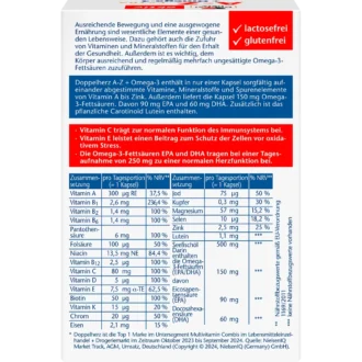 Doppelherz A-Z + Omega-3 Extra, 30 Capsules Back of Doppelherz A-Z + Omega-3 Extra packaging showing ingredients, nutrient amounts and dosage