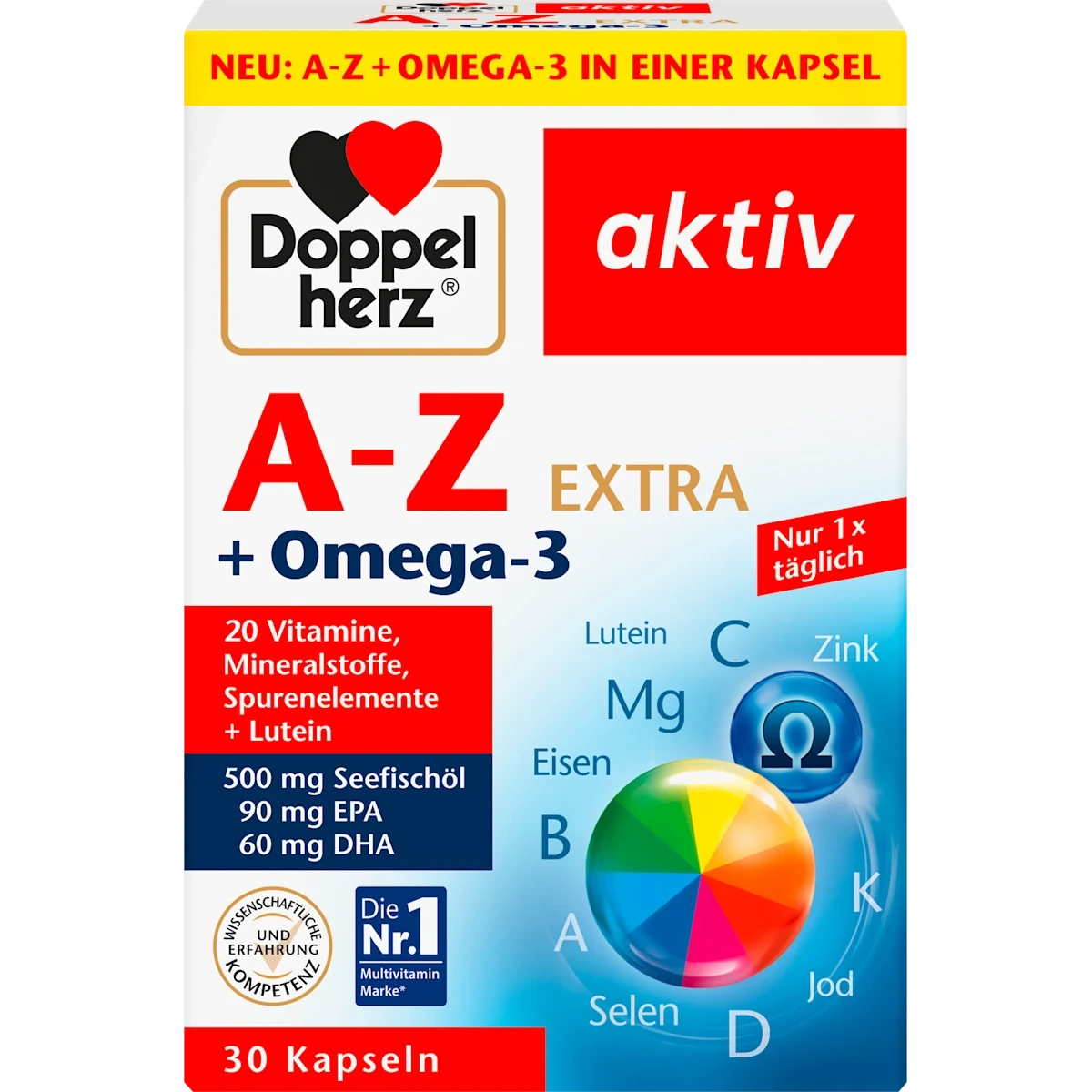 Doppelherz A-Z + Omega-3 Extra, 30 Capsules Doppelherz A-Z + Omega-3 Extra, 30 capsules, front of product packaging