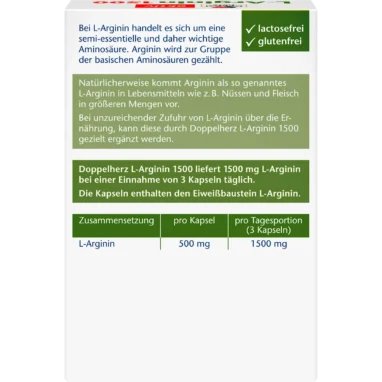 Back of Doppelherz L-Arginine 1500 packaging showing ingredients, dosage and product information