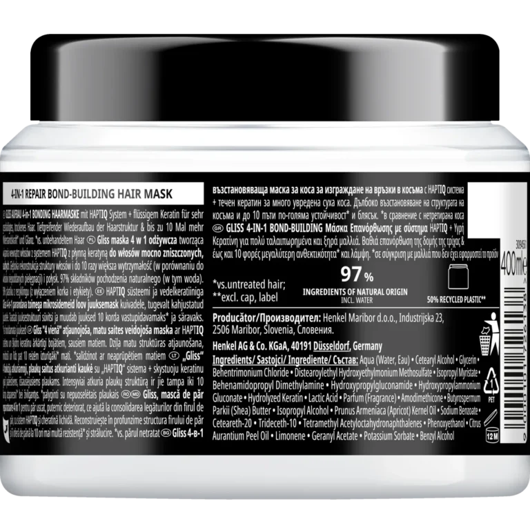 Back label of Gliss Total Repair 4-in-1 Hair Mask showing ingredients and application directions
