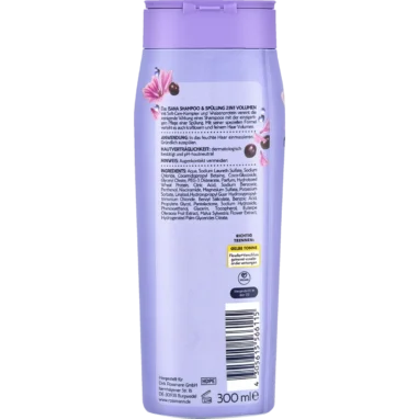 Back of ISANA 2-in-1 Volume Shampoo and Conditioner 300 ml showing ingredients and product information
