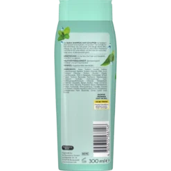 Back of ISANA Anti-Dandruff Shampoo with Water Mint & Green Tea 300 ml showing ingredients and product information
