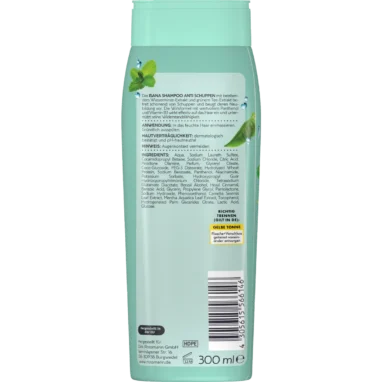 Back of ISANA Anti-Dandruff Shampoo with Water Mint & Green Tea 300 ml showing ingredients and product information