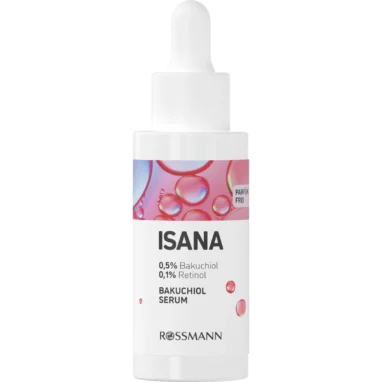 ISANA Bakuchiol and Retinol Anti-Aging Serum 30 ml skincare bottle detail