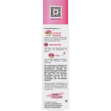 ISANA Calming Barrier Serum packaging detailing 5% ceramide complex, 2% niacinamide and 0.1% cica