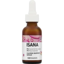 ISANA Calming Barrier Serum 30 ml in an amber glass bottle with a white dropper