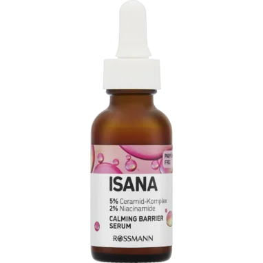 ISANA Calming Barrier Serum 30 ml in an amber glass bottle with a white dropper