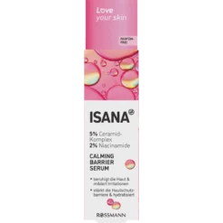 ISANA Calming Barrier Serum 30 ml – front packaging with 5% ceramide complex and 2% niacinamide