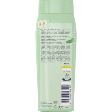 Back of ISANA Herbal Shampoo 300 ml showing ingredients and product information