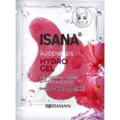 Front of ISANA Hibiscus Hydrogel Eye Pads packaging with a pink hibiscus flower, 1 pair