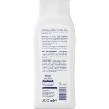 Back of ISANA MED Ultra Sensitive Shampoo 200 ml showing ingredients and product information