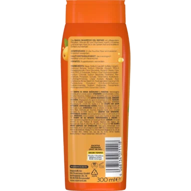 Back of ISANA Oil Repair Shampoo with Marula Oil 300 ml showing ingredients and product information