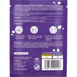 Back of ISANA Pomegranate Hydrogel Eye Pads packaging showing ingredients and application directions
