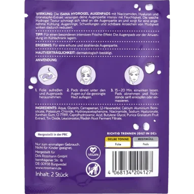 Back of ISANA Pomegranate Hydrogel Eye Pads packaging showing ingredients and application directions